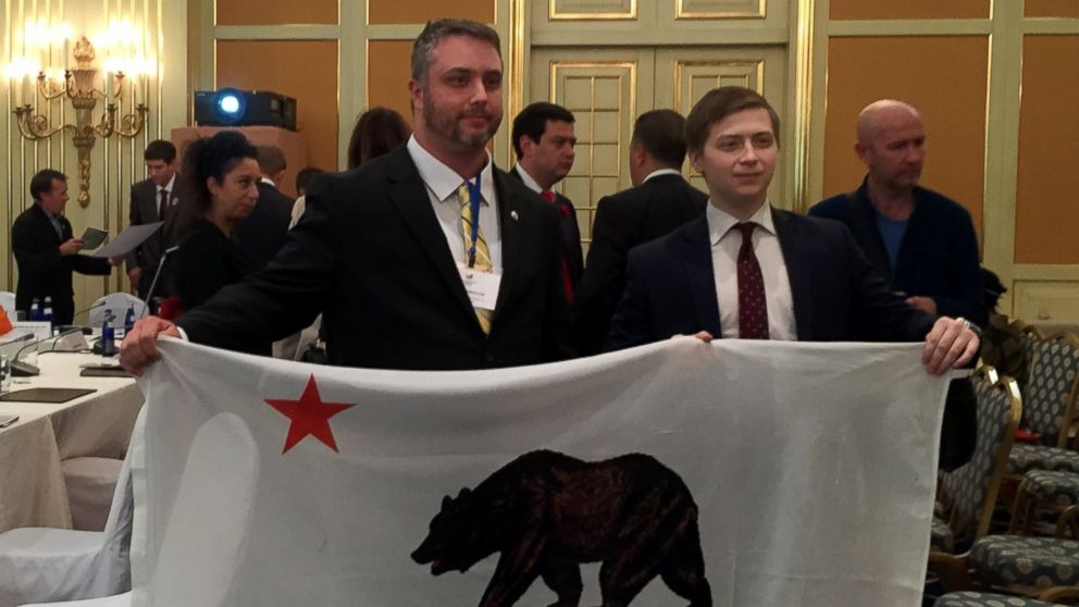PHOTO: Louis J. Marinelli, president of the YES California Independence Campaign holds a flag for his proposed independent Californian republic at a conference of separatist groups in Moscow's Ritz Hotel, across the street from the Kremlin.