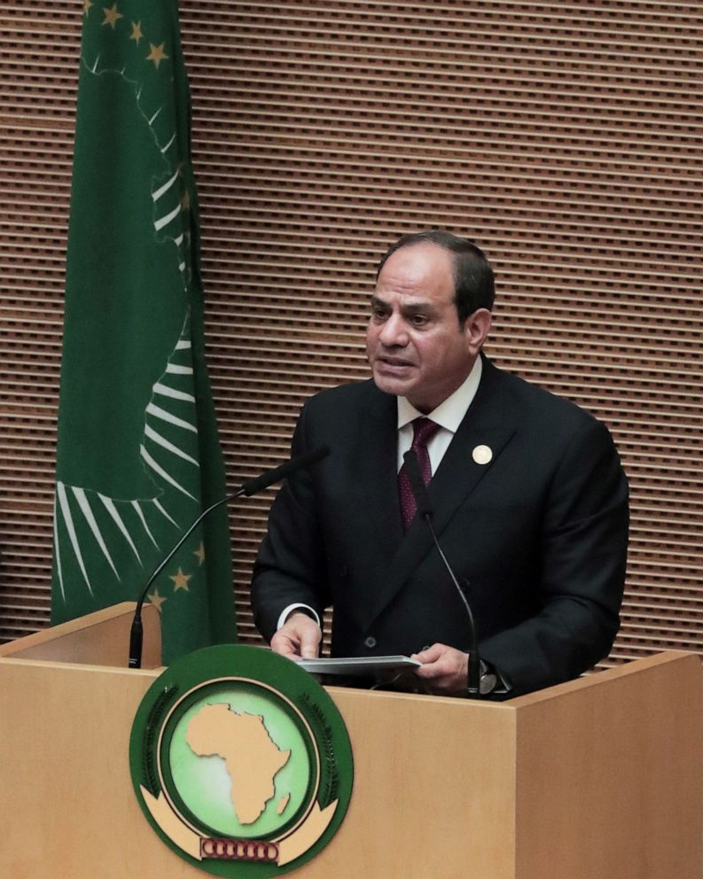 PHOTO: Egyptian President Abdel Fattah el-Sisi addresses the opening of the 33rd Ordinary Session of the Assembly of the Heads of State and the Government of the African Union (AU) in Addis Ababa, Ethiopia, February 9, 2020. 