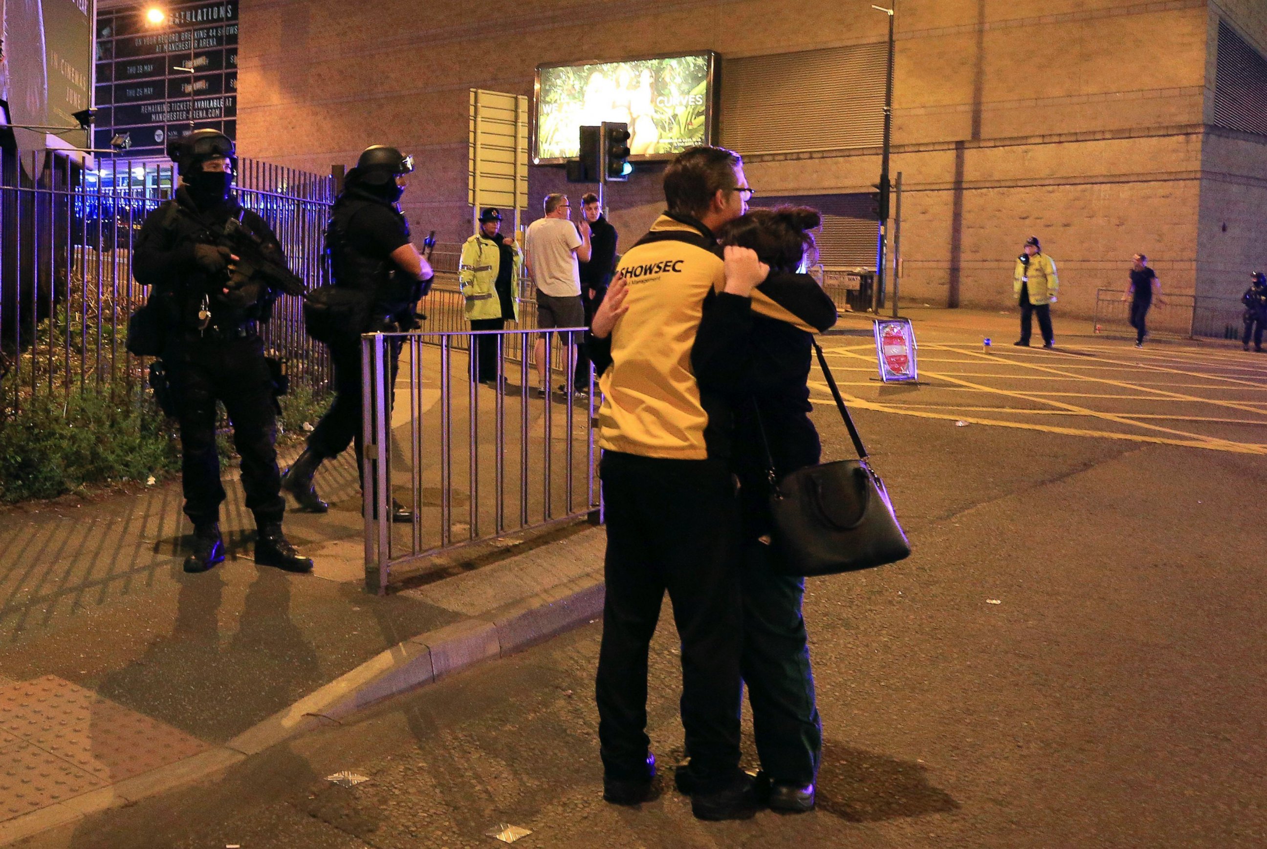 PHOTO: Armed police stand guard at Manchester Arena after reports of an explosion at the venue during an Ariana Grande concert in Manchester, England, May 22, 2017. 