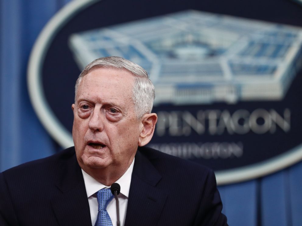 PHOTO: Secretary of Defense Jim Mattis speaks during a news conference at the Pentagon, April 11, 2017.