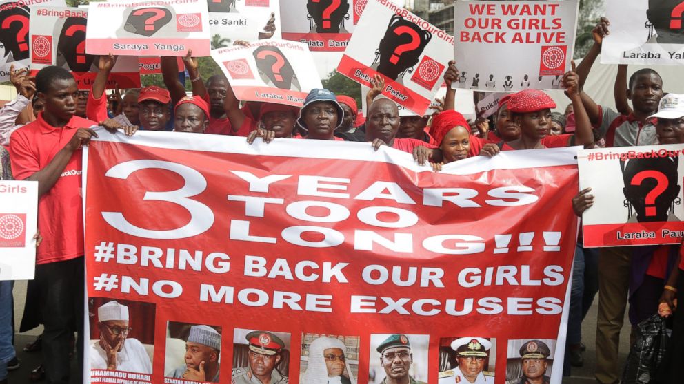 PHOTO: Bring back our girls campaigners hold up banners during a protest calling on the government to rescue the remaining kidnapped girls of the government secondary school who were abducted almost three years ago, in Lagos, Nigeria, April. 13, 2017.