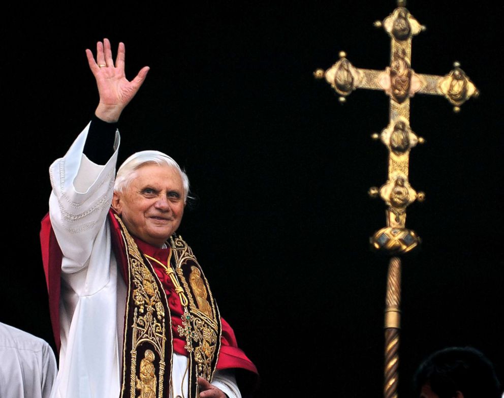 PHOTO: Pope Benedict XVI greets the crowd from the central balcony of St. Peter's Basilica at the Vatican, April 19, 2005, soon after his election. 