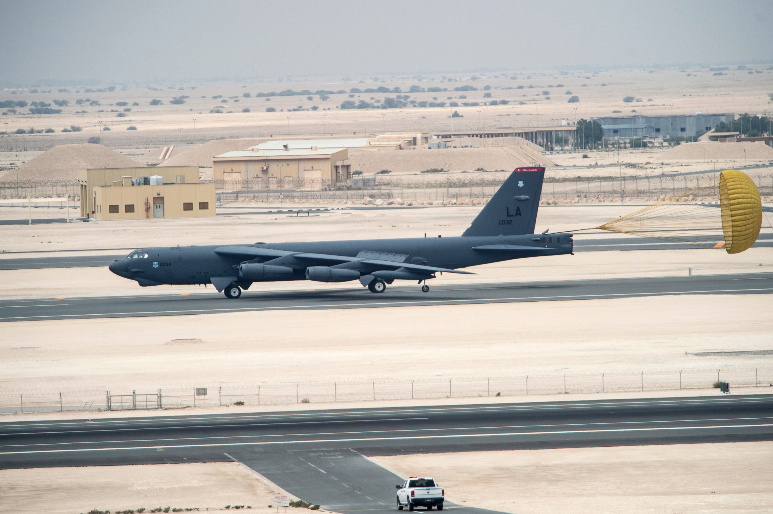 PHOTO: A U.S. Air Force B-52 Stratofortress aircraft from Barksdale Air Force Base, Louisiana, arrives at Al Udeid Air Base, Qatar, April 9, 2016.