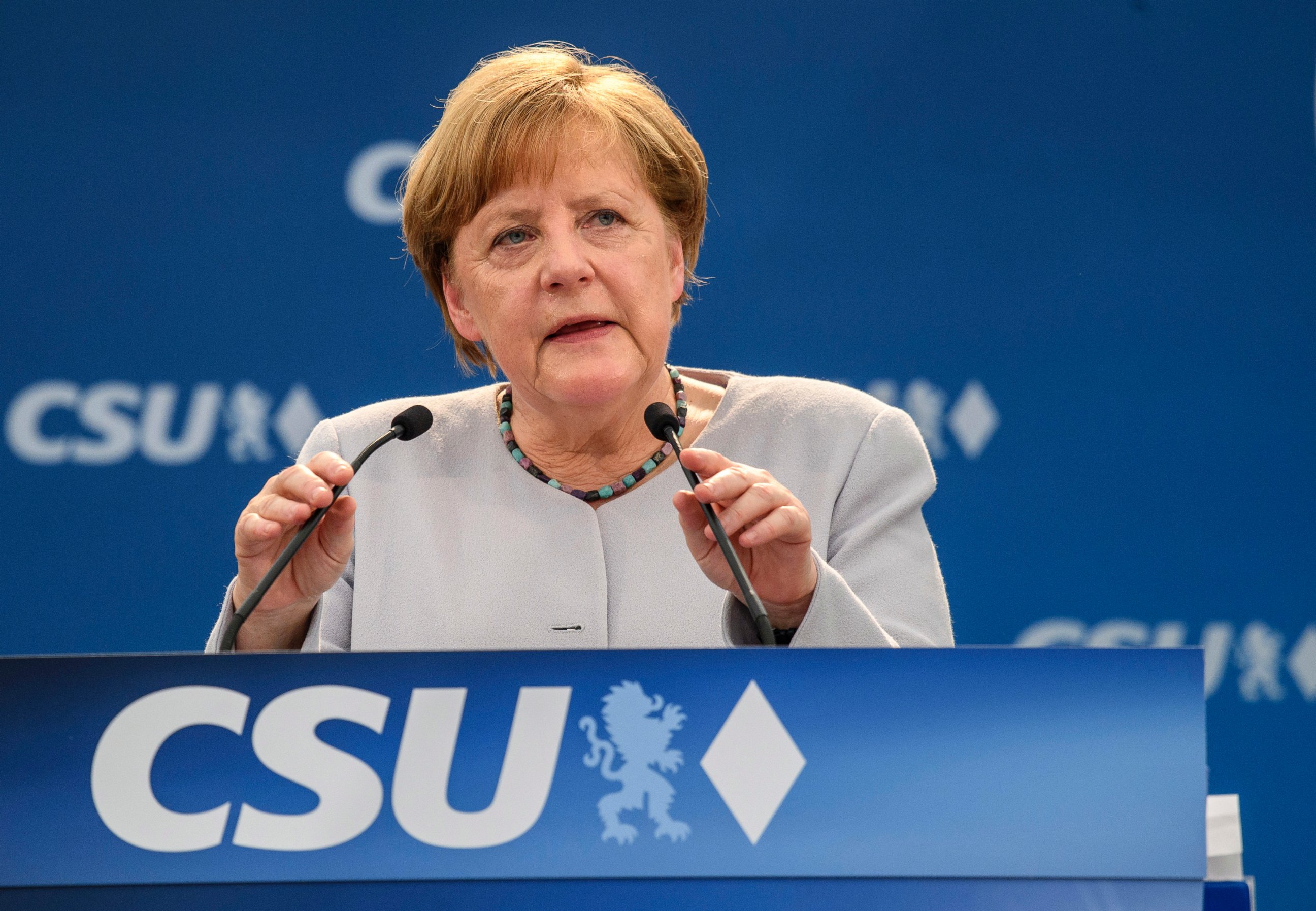 PHOTO: German Chancellor Angela Merkel delivers a speech during an election campaign of her Christian Democratic Union, CDU, and the Christian Social Union, CSU, in Munich, southern Germany, May 28, 2017.