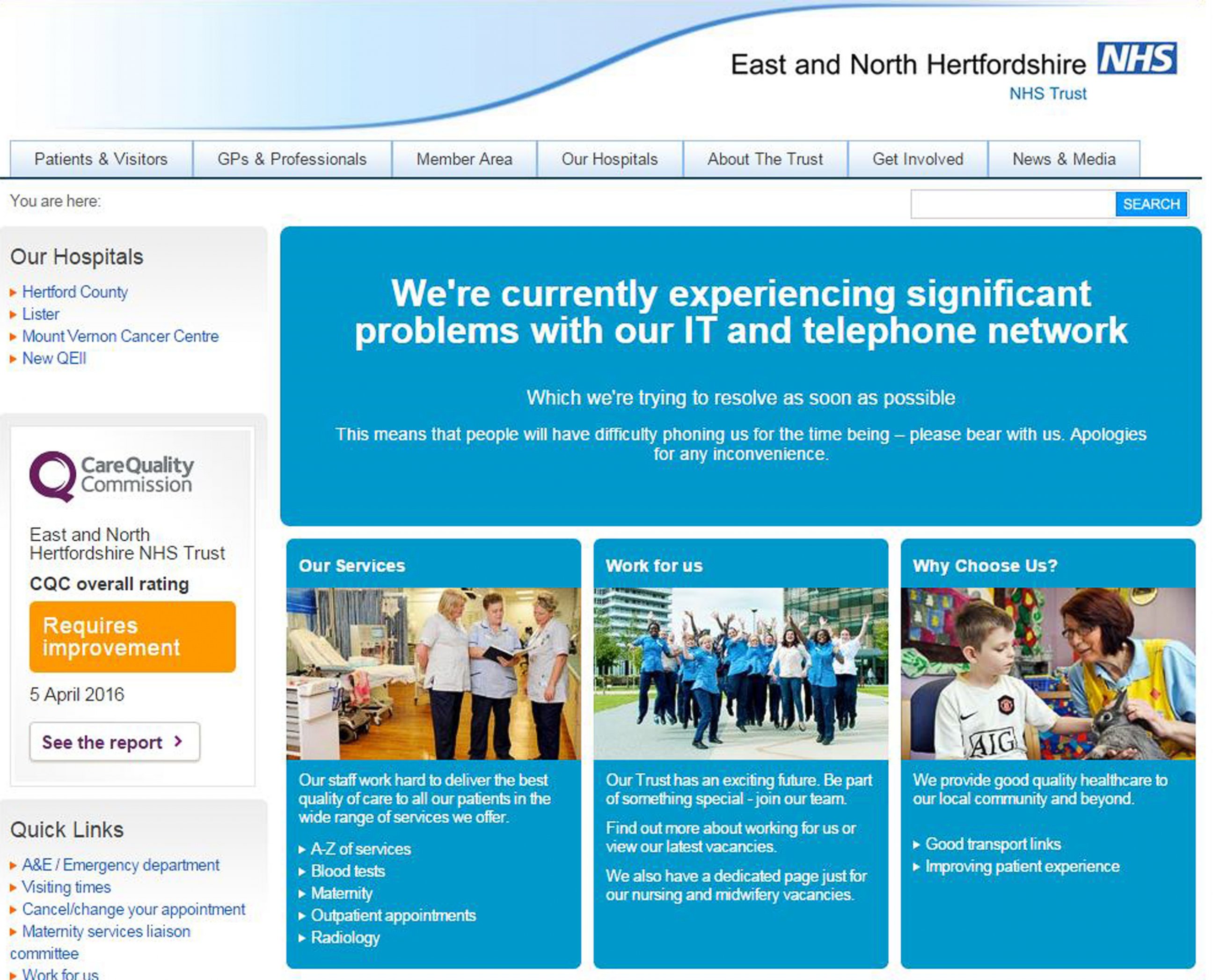 PHOTO: This is screengrab taken from the website of the East and North Hertfordshire NHS trust as Britain's National Health Service is investigating "an issue with IT," May 12, 2017.