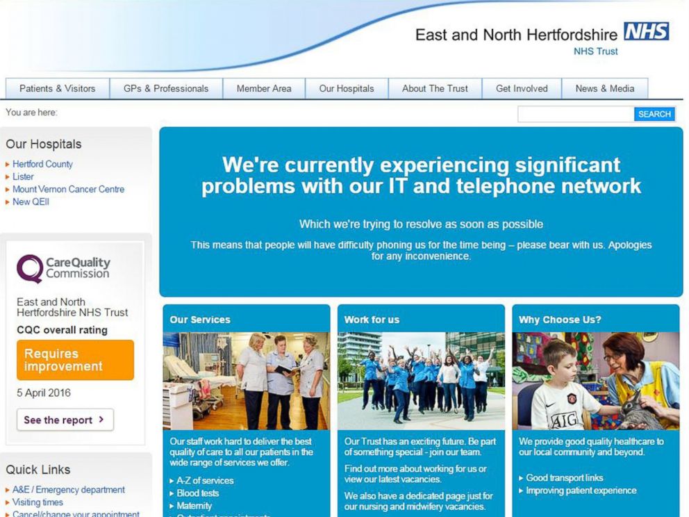PHOTO: This is screengrab taken from the website of the East and North Hertfordshire NHS trust as Britains National Health Service is investigating an issue with IT, May 12, 2017.
