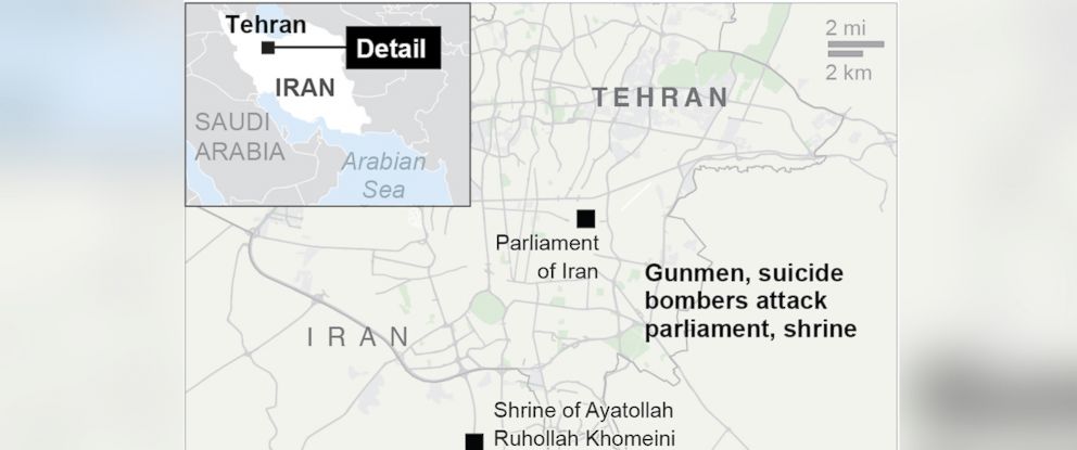 PHOTO: A map depicts the location of twin attacks on Iran's parliament and the shrine of Ayatollah Khomeini in Tehran, Iran, June 7, 2017.