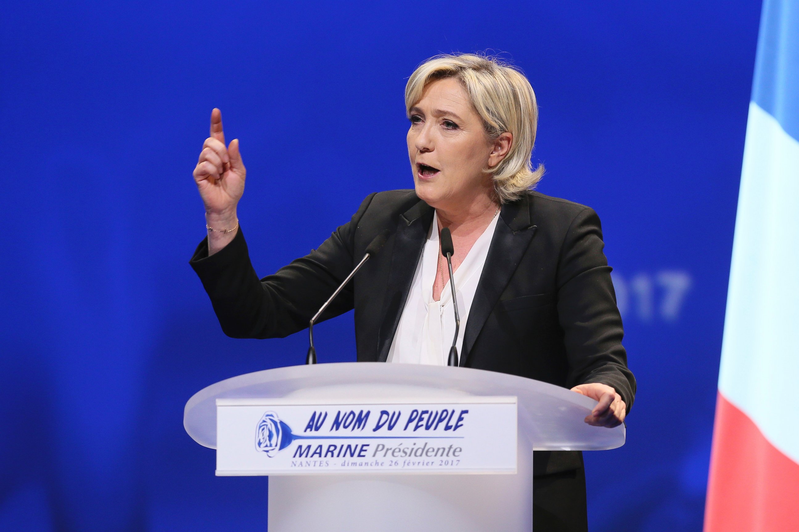 PHOTO: French Far-right leader presidential candidate Marine Le Pen gestures as she speaks during a conference in Nantes, western France, Feb. 26, 2017.