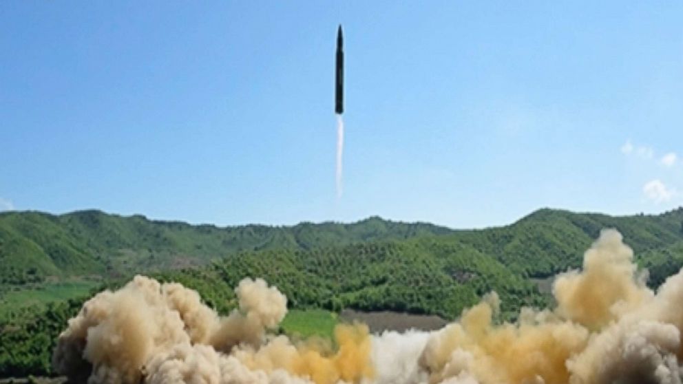This image made from video of a news bulletin aired by North Korea's KRT on Tuesday, July 4, 2017, shows what was said to be the launch of a Hwasong-14 intercontinental ballistic missile, ICBM, in North Korea's northwest. 