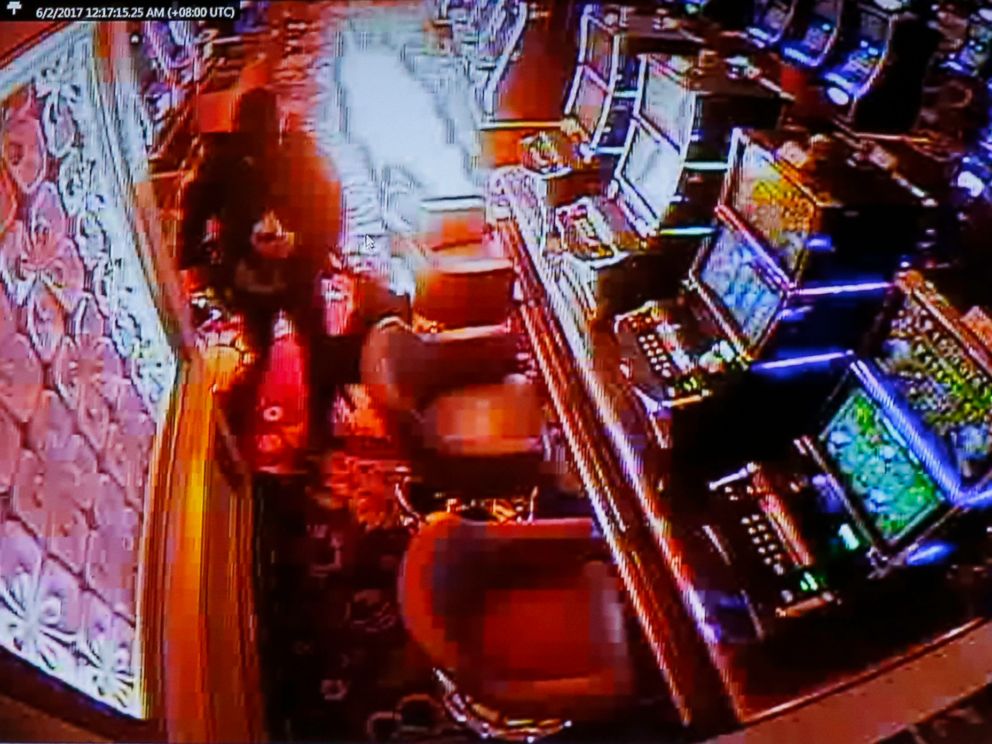 PHOTO: Police authorities and Resorts World Manila complex security play a CCTV video of the gunman setting fire inside a casino during a news conference, June 3, 2017, in Pasay city, southeast of Manila, Philippines.