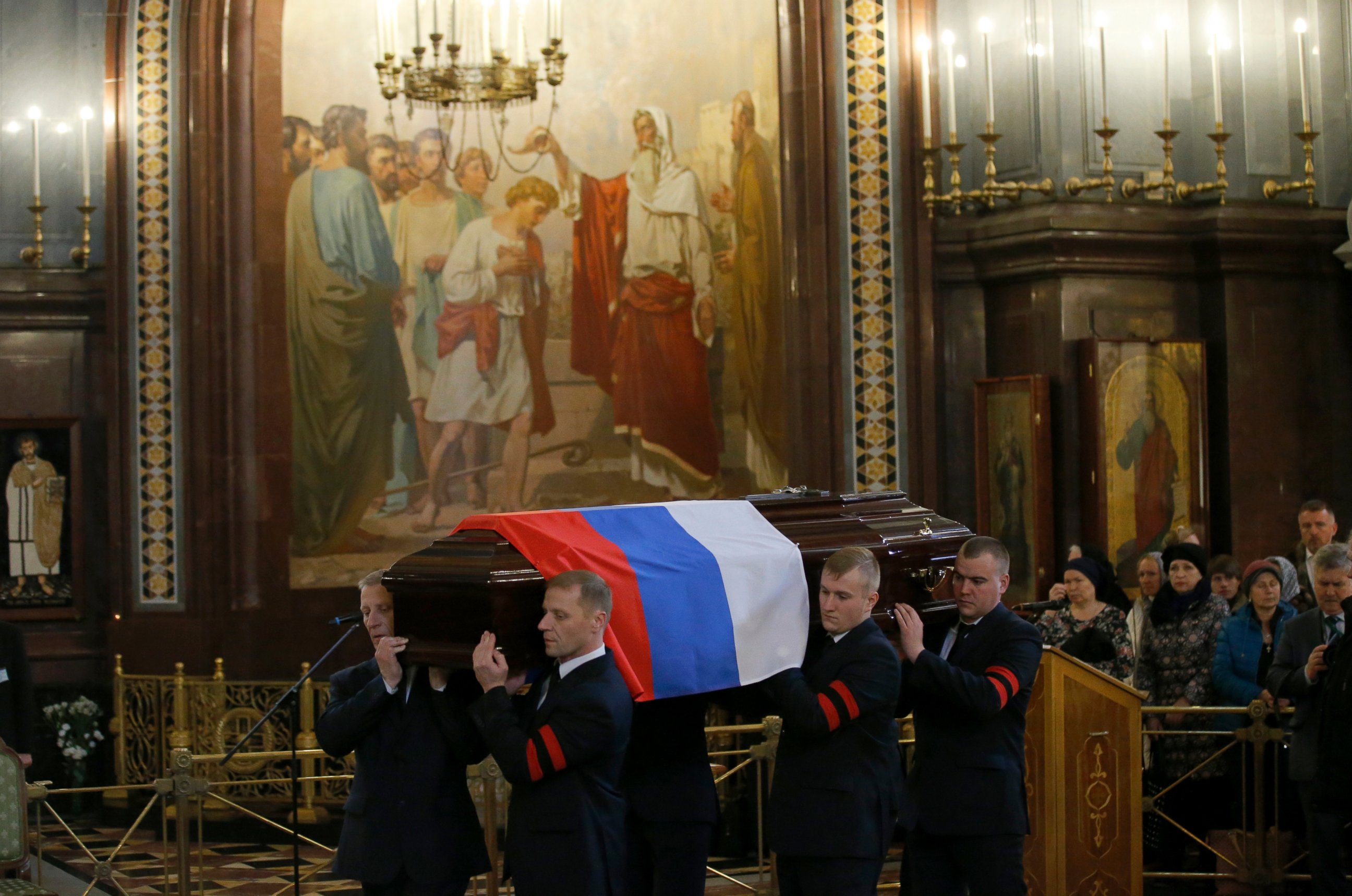 PHOTO: A coffin with a body of killed Russian ambassador to Turkey, Andrei Karlov is carried for a religious service inside the Christ the Saviour Cathedral in Moscow, Russia, Dec. 22, 2016.