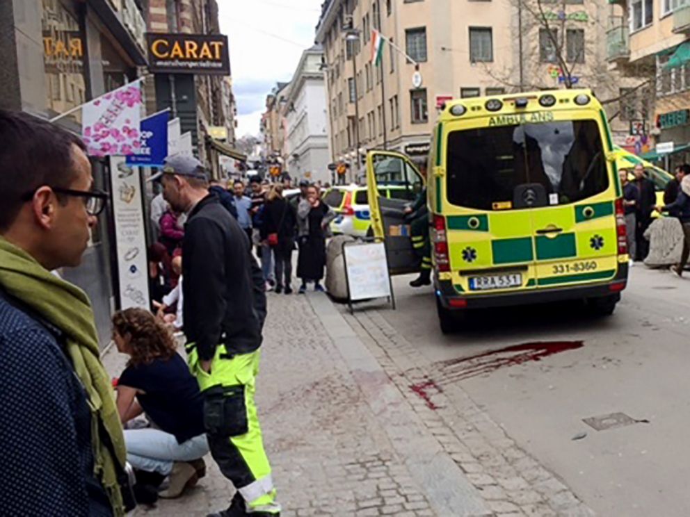 PHOTO: Blood is smeared on the street at the scene after a truck crashed into a department store in central Stockholm, April 7, 2017. 