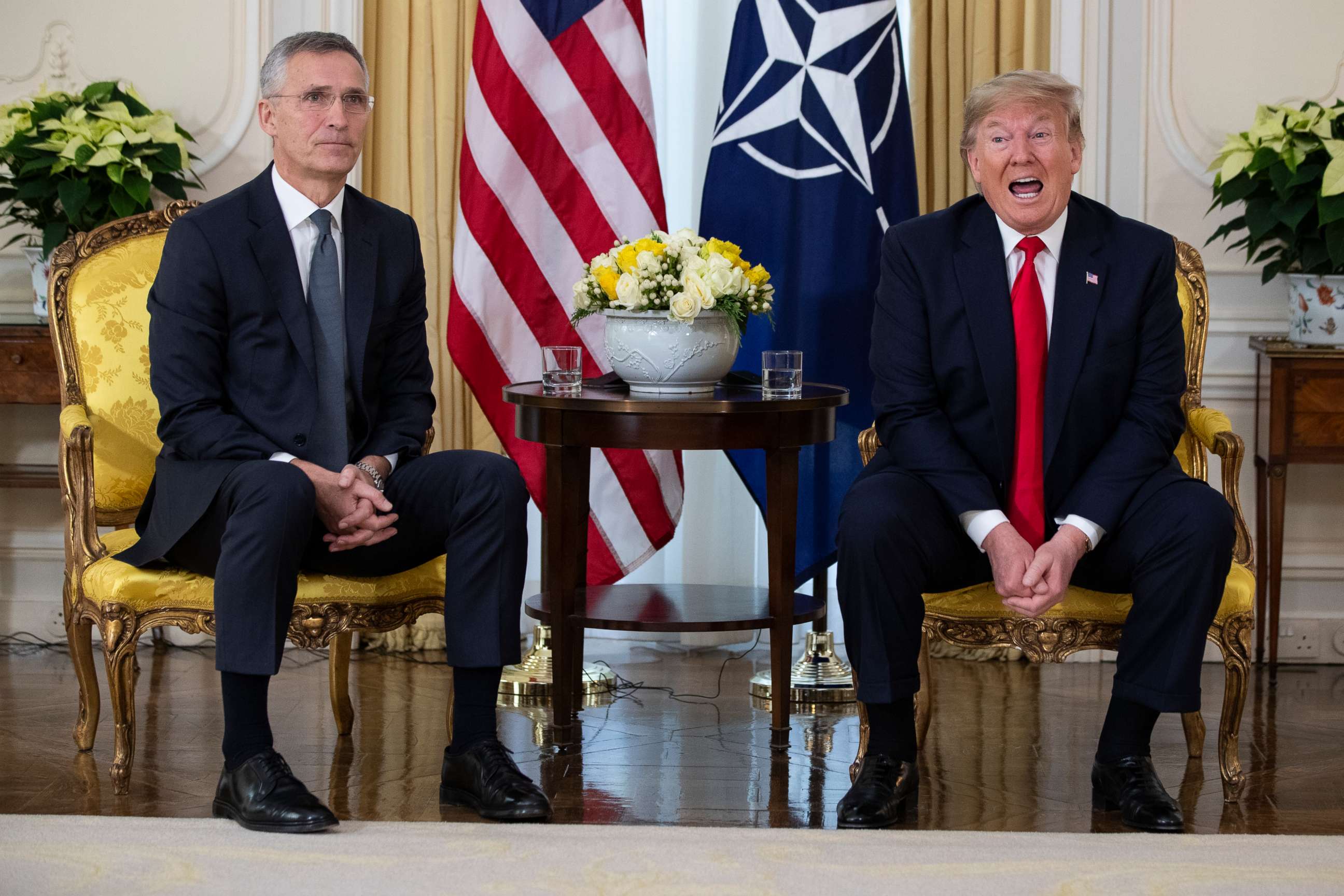 PHOTO: U.S. President Donald Trump speaks during a meeting with NATO Secretary General, Jens Stoltenberg at Winfield House in London, Tuesday, Dec. 3, 2019. (AP Photo/Evan Vucci)