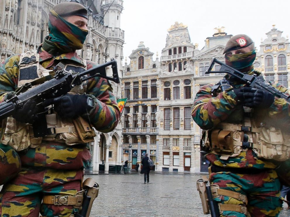 PHOTO:In this  Nov. 24, 2015 file photo, Belgium police officers patrol the Grand Place in central Brussels.  