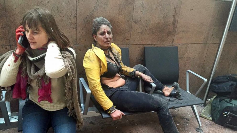 PHOTO: Two women wounded in Brussels Airport in Brussels, after explosions were heard, March 22, 2016.