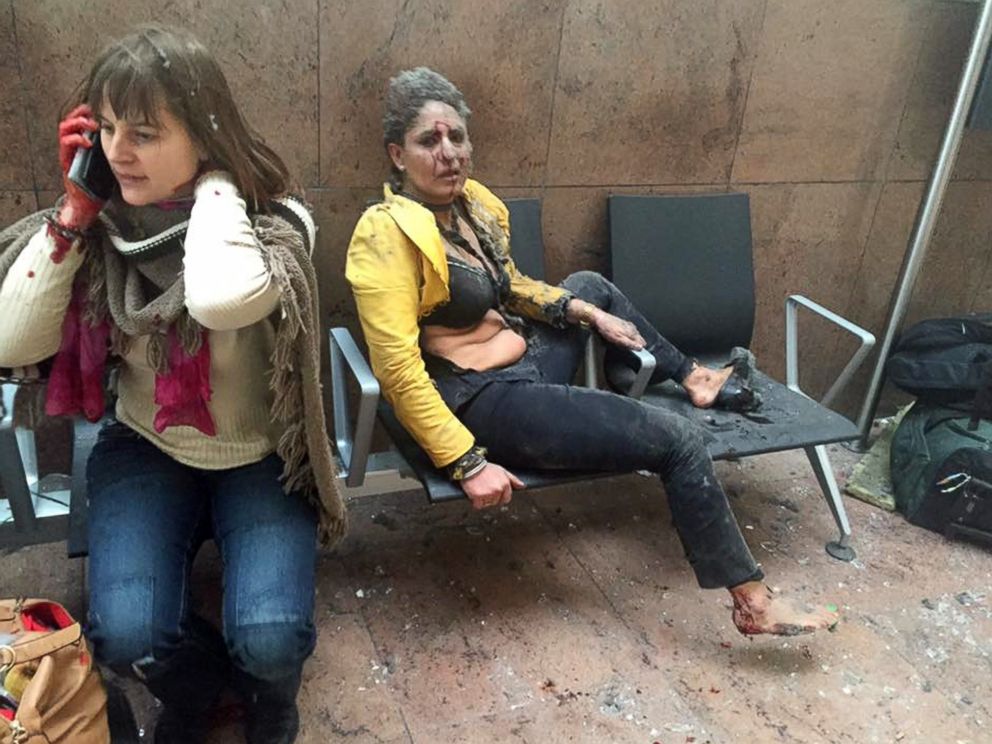 PHOTO: Two women wounded in Brussels Airport in Brussels, after explosions were heard, March 22, 2016.