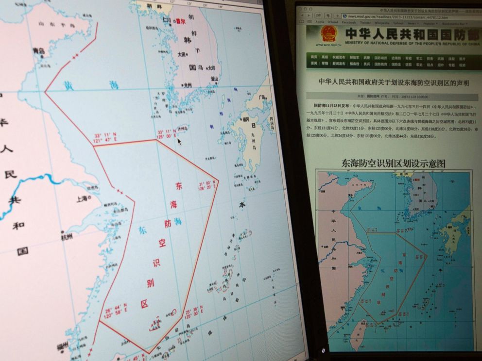 PHOTO: Computer screens, from the Chinese Ministry of Defense website, show a map with the outline of Chinas new air defense zone in East China, Nov. 26, 2013. The zone - includes a cluster of islands controlled by Japan but are also claimed by China .