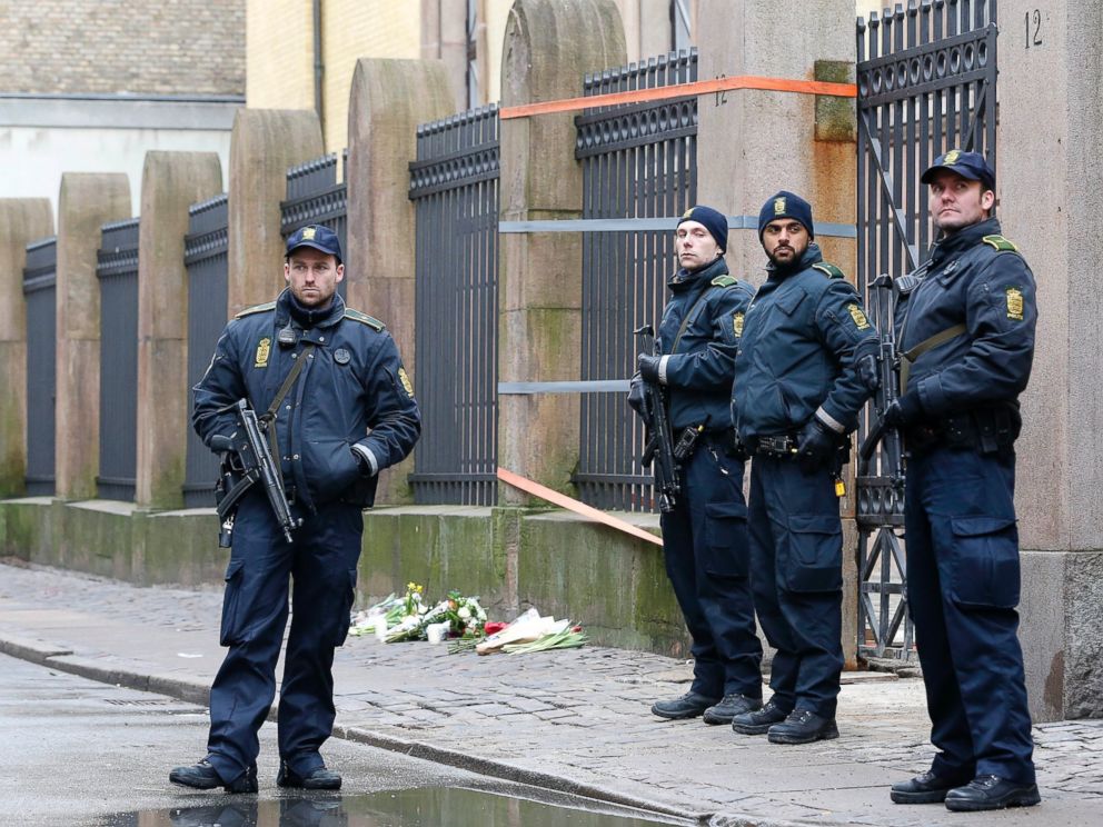 PHOTO: Danish police officers secure the area outside of a synagogue, Sunday, Feb. 15, 2015, where a gunman opened fire in Copenhagen, Denmark.