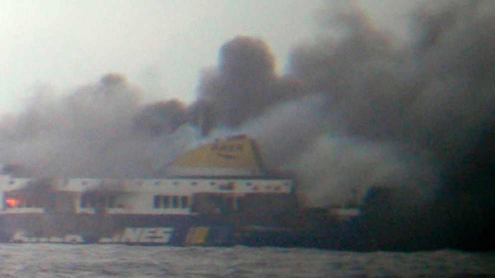 PHOTO: In this photo taken from a nearby ship, smoke rises from the Italian-flagged Norman Atlantic ferry after it caught fire in the Adriatic Sea, Dec. 28, 2014.