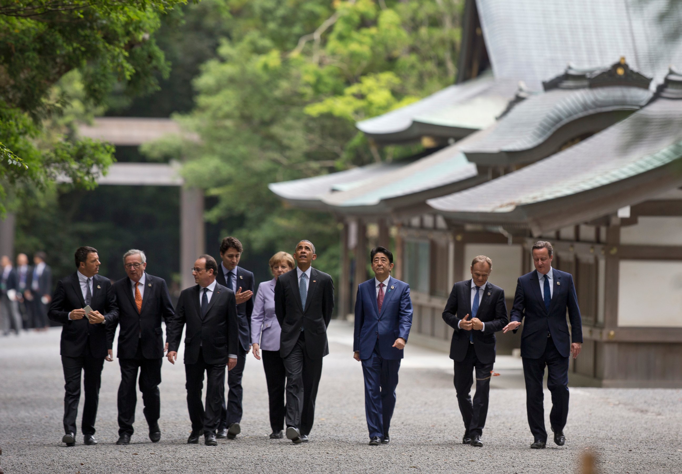 PHOTO: G-7 leaders walk past the Kaguraden as they visit Ise Jingu shrine in Ise, Mie Prefecture, Japan, May 26, 2016, as part of the G-7 Summit.