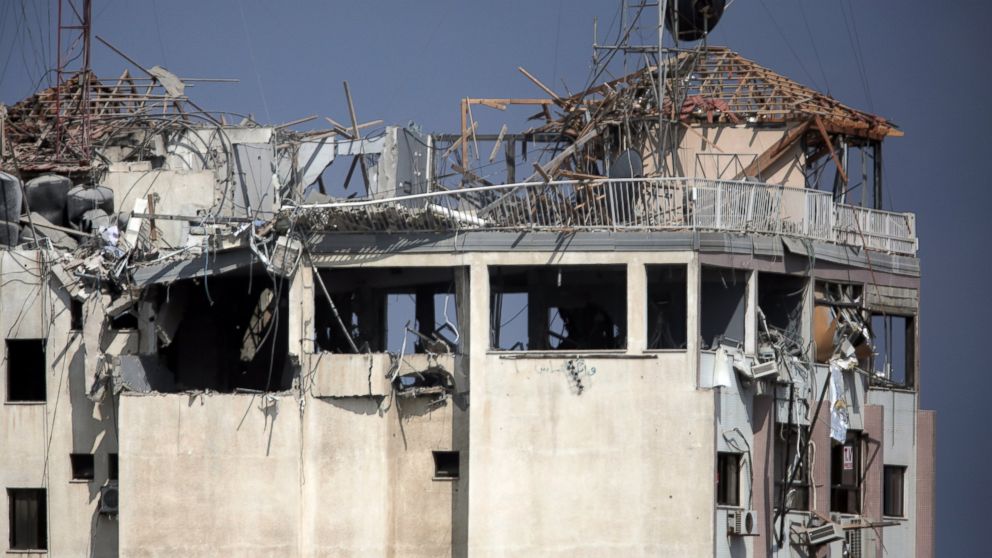 PHOTO: The media complex that houses the offices of Hamas-run Al Aqsa television and radio was targeted in an Israeli strike in central Gaza City, July 29, 2014.