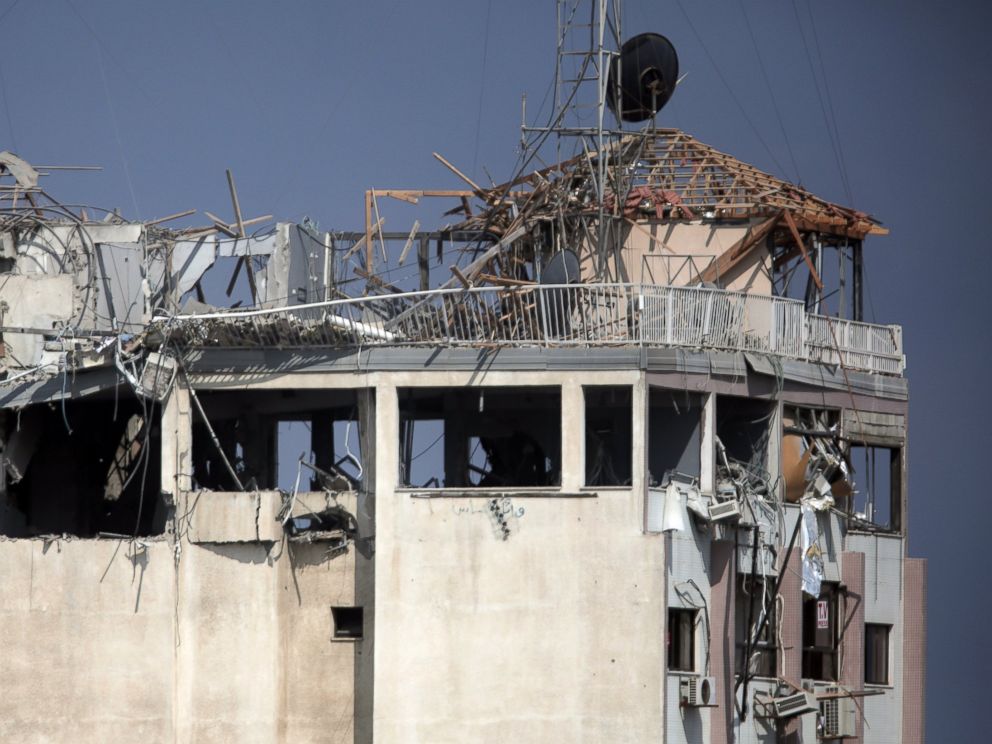 PHOTO: The media complex that houses the offices of Hamas-run Al Aqsa television and radio was targeted in an Israeli strike in central Gaza City, July 29, 2014.