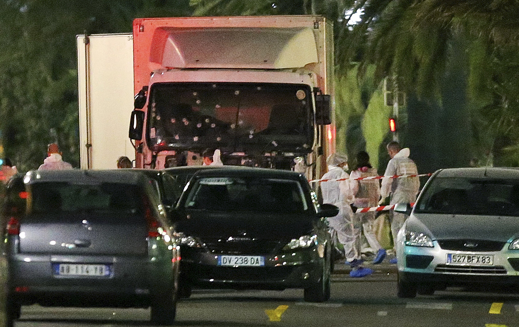 PHOTO: The truck which slammed into revelers July 14, is seen near the site of an attack in the French resort city of Nice, southern France, July 15, 2016.