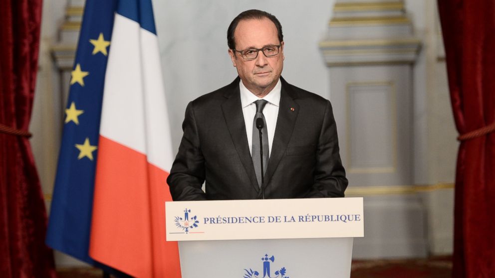 PHOTO: French President Francois Hollande speaks at the Elysee Palace in Paris, Saturday, Nov. 14, 2015, following a series of coordinated attacks in and around Paris late Friday which left at least 127 dead.