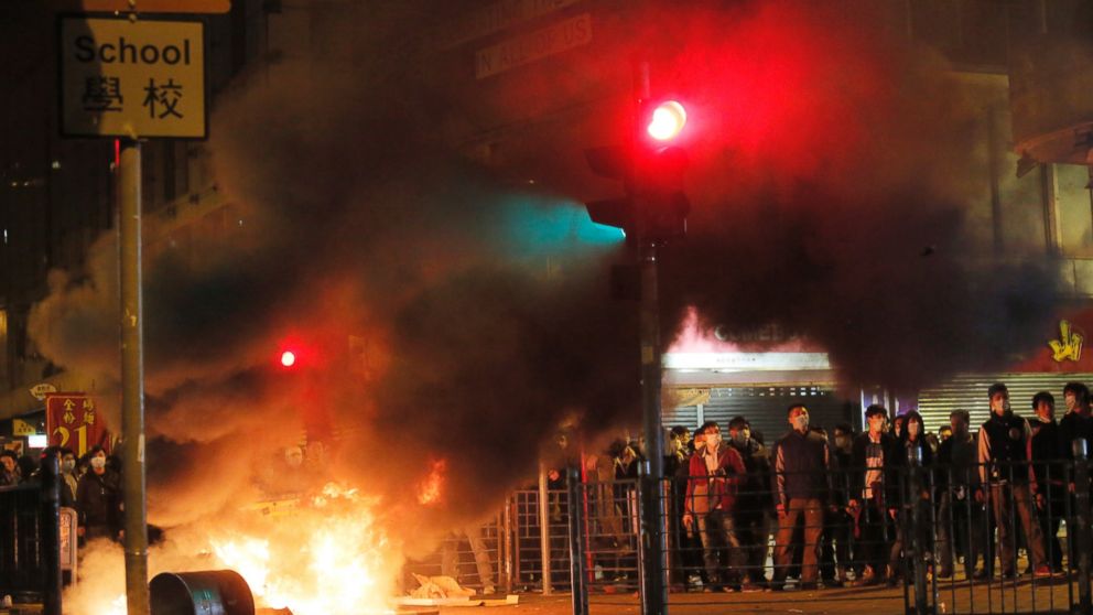 PHOTO: Smoke rises as protesters set fires against police in Mong Kok district of Hong Kong, Feb. 9, 2016.