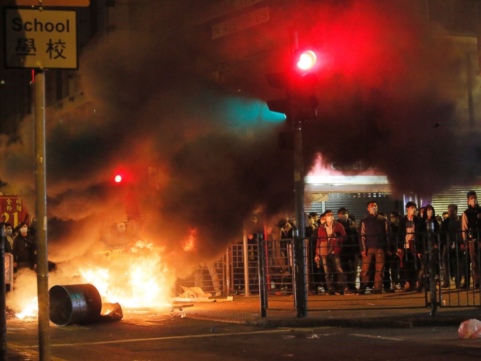 PHOTO: Smoke rises as protesters set fires against police in Mong Kok district of Hong Kong, Feb. 9, 2016.