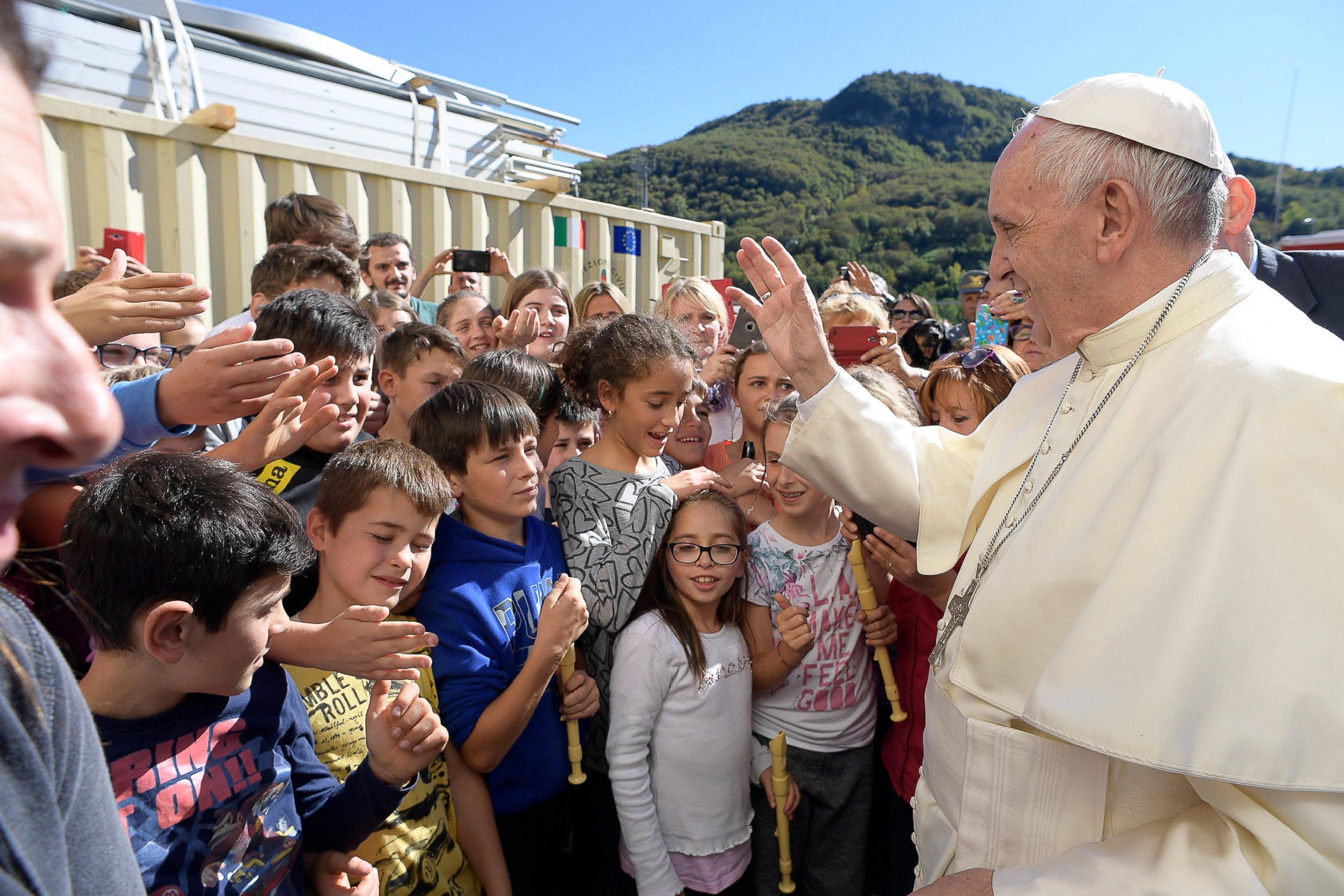 PHOTO: Pope Francis meets school children in the village of Arquata del Tronto, Italy, Oct. 4, 2016. 
