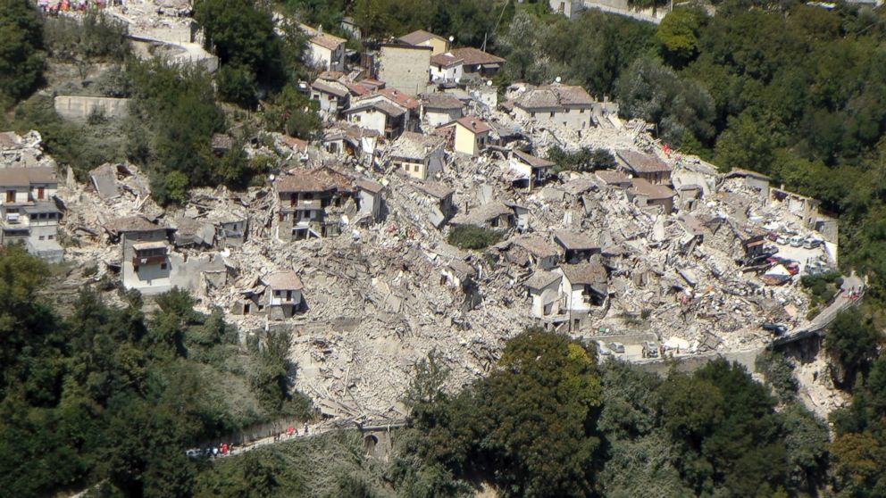 PHOTO: This aerial photo taken Wednesday, Aug. 24, 2016 and made available Thursday, Aug. 25, 2016 shows the damage done after an earthquake in the village of Pescara del Tronto.