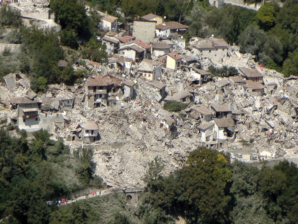 PHOTO: This aerial photo taken Wednesday, Aug. 24, 2016 and made available Thursday, Aug. 25, 2016 shows the damage done after an earthquake in the village of Pescara del Tronto.