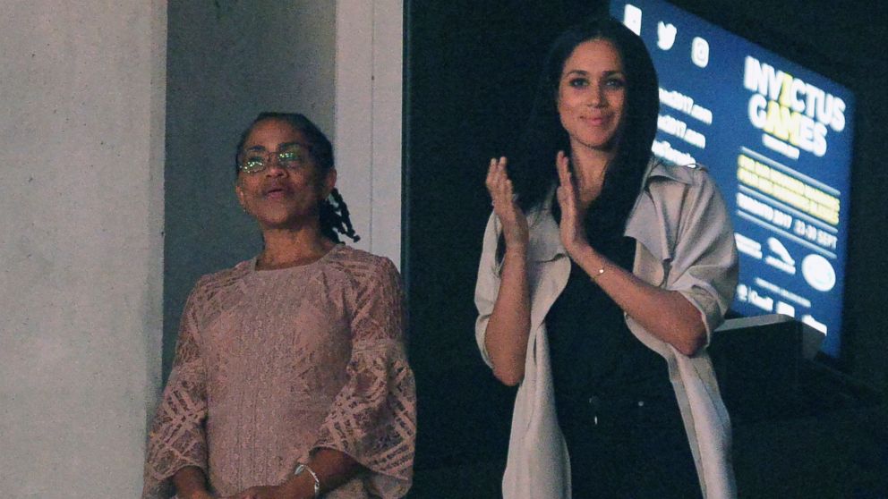 Meghan Markle, right, watches the closing ceremonies of the Invictus Games with her mother Doria Radlan in Toronto, Sept. 30, 2017.