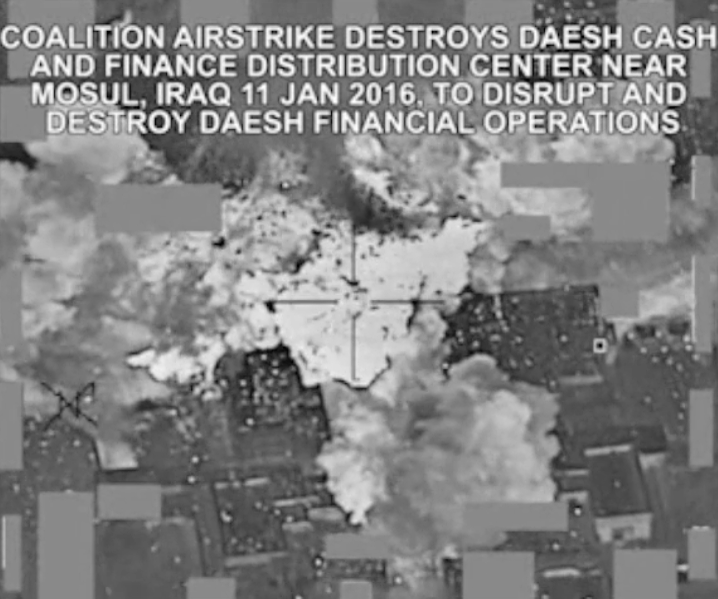 PHOTO: This image made from Jan. 11, 2016 video released by the U.S. military shows an airstrike targeting an Islamic State group cash and finance distribution center near Mosul, Iraq.