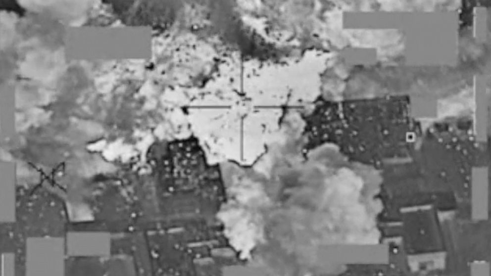 PHOTO: This image made from Jan. 11, 2016 video released by the U.S. military shows an airstrike targeting an Islamic State group cash and finance distribution center near Mosul, Iraq.
