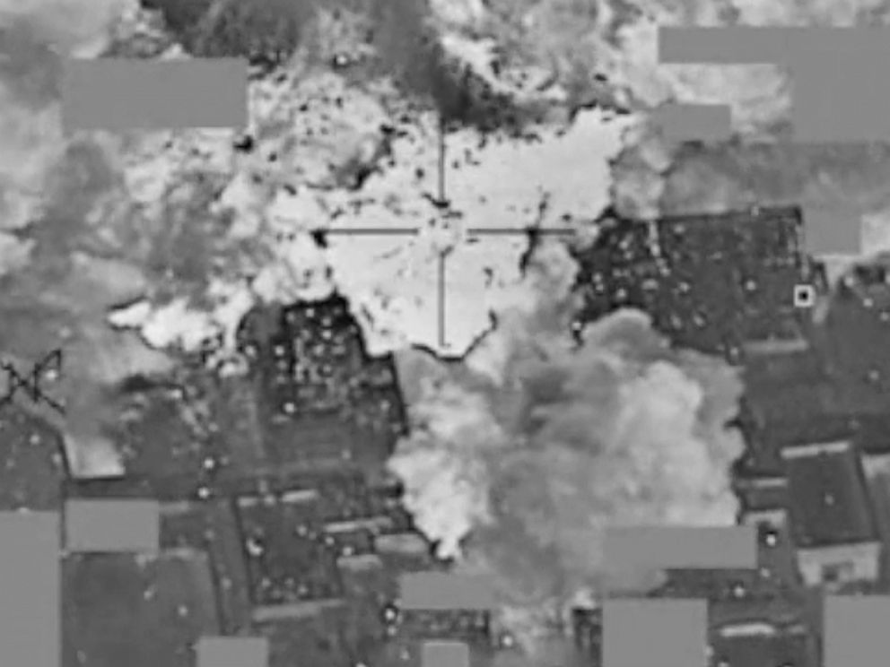 PHOTO: This image made from Jan. 11, 2016 video released by the U.S. military shows an airstrike targeting an Islamic State group cash and finance distribution center near Mosul, Iraq.