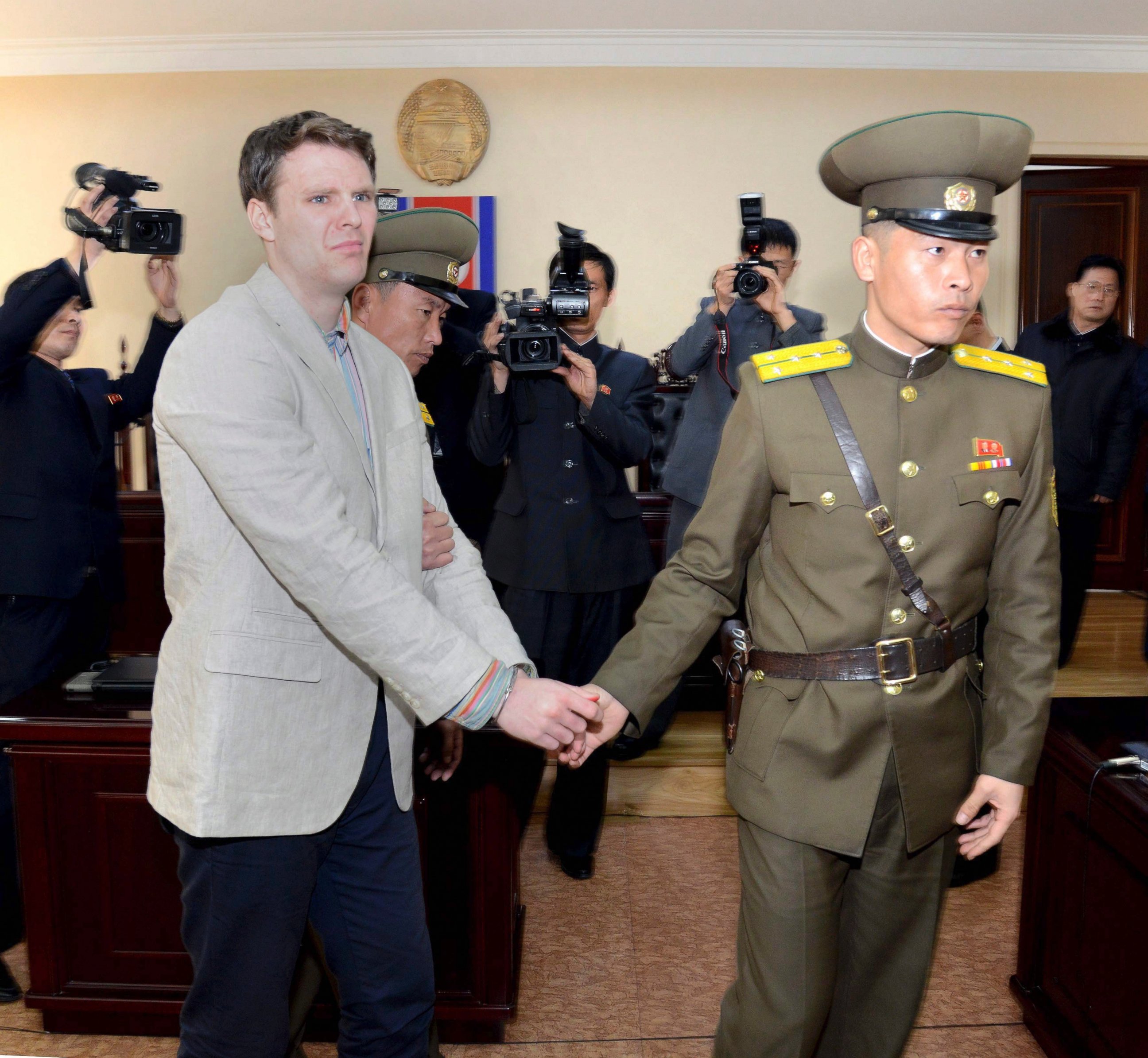 PHOTO: A photo provided by the official Korean Central News Agency shows US student Otto Frederick Warmbier at his trial held by The Supreme Court of the Democratic People's Republic of Korea, in Pyongyang, North Korea, on March16, 2016. 