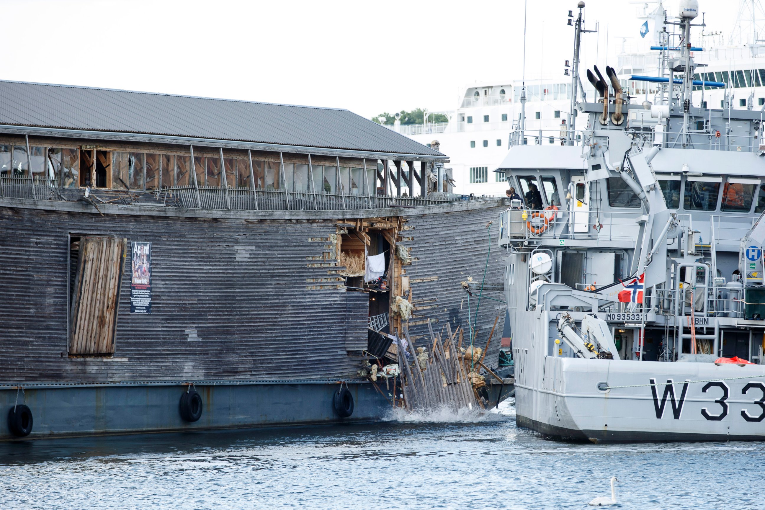 PHOTO: The damage of the hull of a wooden exhibition ship built as a representation of Noah's Ark after it crashed into a moored Coast Guard vessel in Oslo harbor, June 10, 2016, in Oslo.