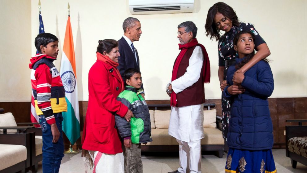 PHOTO: U.S. President Barack Obama and first lady Michelle Obama meet with Kailash Satyarthi, his wife Sumedha, with Deepak, Payal Jangid, front right, and Ayub Khan, at the Siri Fort Auditorium in New Delhi, India, Jan. 27, 2015.