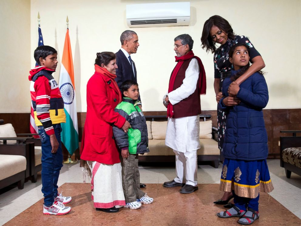 PHOTO: U.S. President Barack Obama and first lady Michelle Obama meet with Kailash Satyarthi, his wife Sumedha, with Deepak, Payal Jangid, front right, and Ayub Khan, at the Siri Fort Auditorium in New Delhi, India, Jan. 27, 2015.