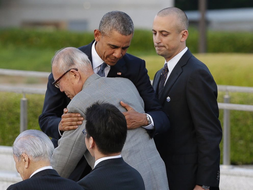 PHOTO: President Barack Obama hugs Shigeaki Mori, an atomic bomb survivor and a creator of the memorial for American WWII POWs killed in Hiroshima, during a ceremony at Hiroshima Peace Memorial Park in Hiroshima, western, Japan, May 27, 2016.