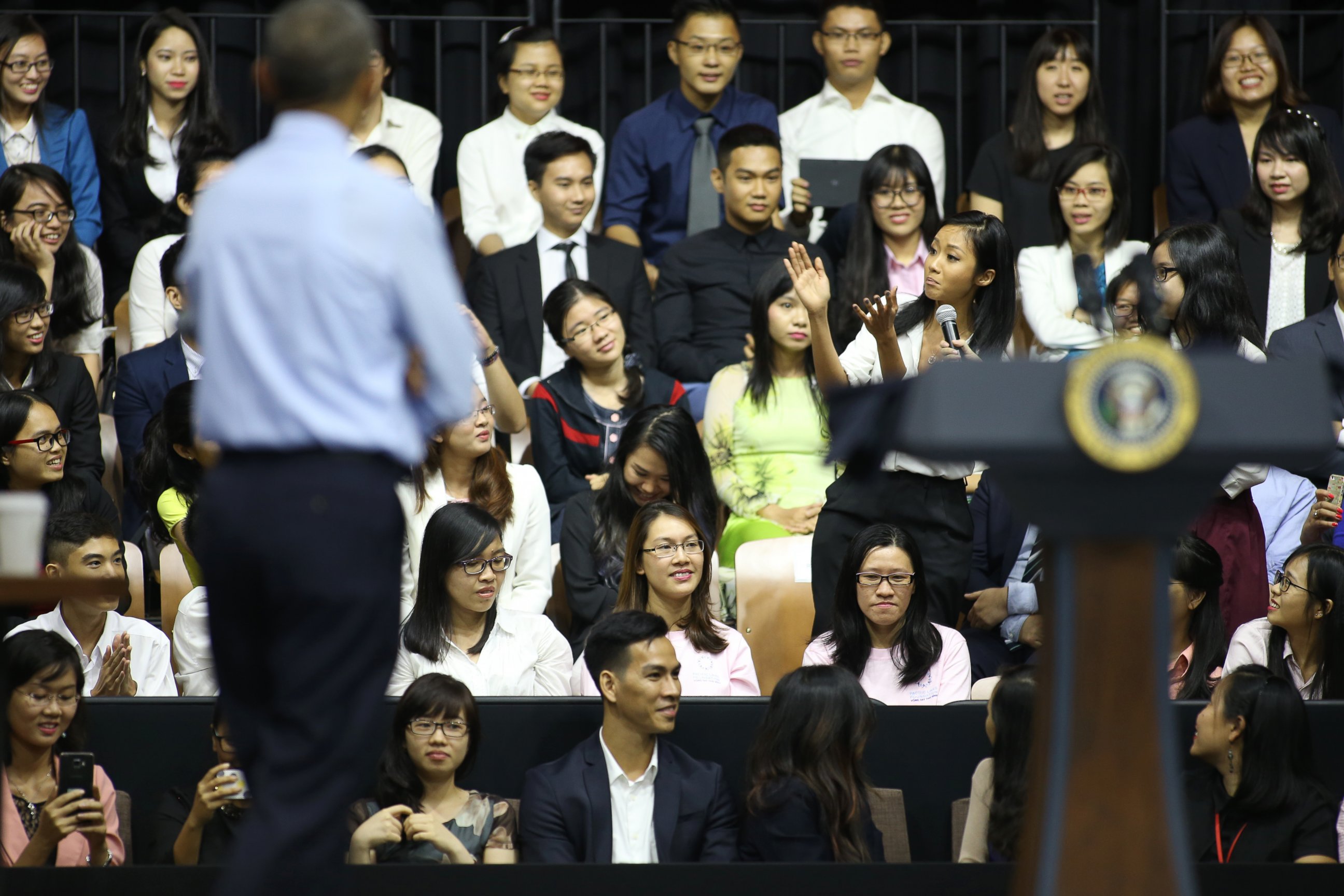 PHOTO: Vietnamese rapper Suboi, right, claps her hands and raps for U.S. President Barack Obama at a town-hall style event for the Young Southeast Asian Leaders Initiative at the GEM Center in Ho Chi Minh City, Vietnam, May 25, 2016.