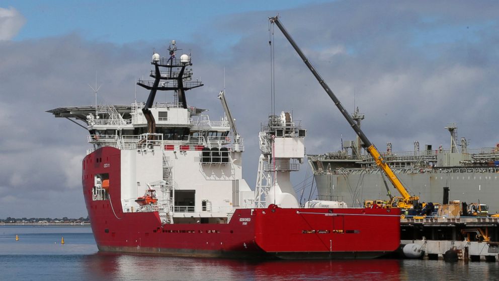 The Australian navy ship Ocean Shield is docked at naval base HMAS Stirling while being fitted with a towed pinger locator, March 30, 2014.