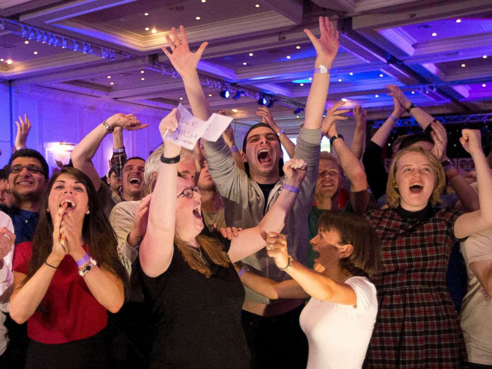 No supporters for the Scottish independence referendum celebrate a result at a No campaign event at a hotel in Glasgow, Scotland, early Friday, Sept. 19, 2014. 