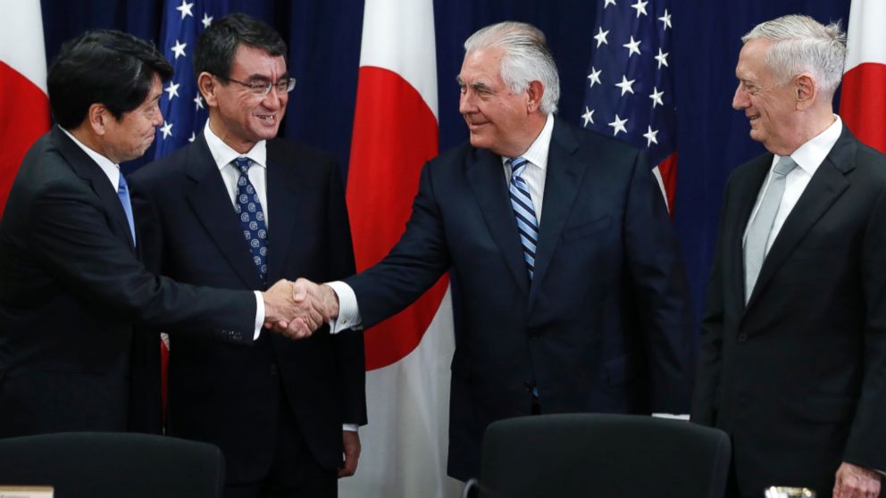 Japanese Defense Minister Itsunori Onodera, left, next to Japanese Foreign Minister Taro Kono, shakes hands with Secretary of State Rex Tillerson, next to Defense Secretary James Mattis, at the start of a Security Consultative Committee meeting, Thursday, Aug. 17, 2017, at the State Department in Washington.