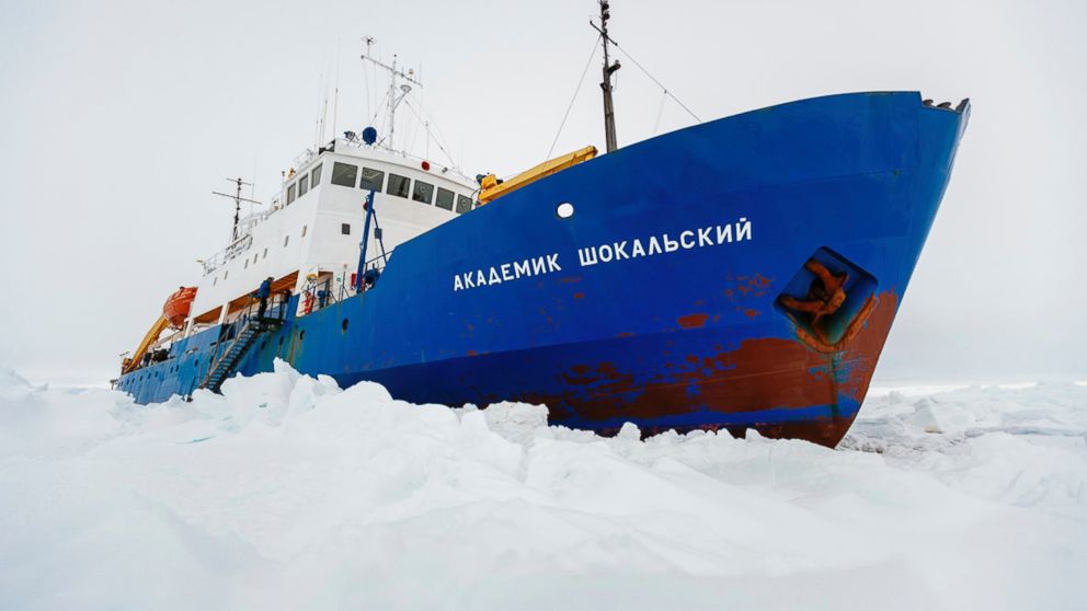 The Russian ship MV Akademik Shokalskiy is trapped in thick Antarctic ice 1,500 nautical miles south of Hobart, Australia, Dec. 27, 2013.