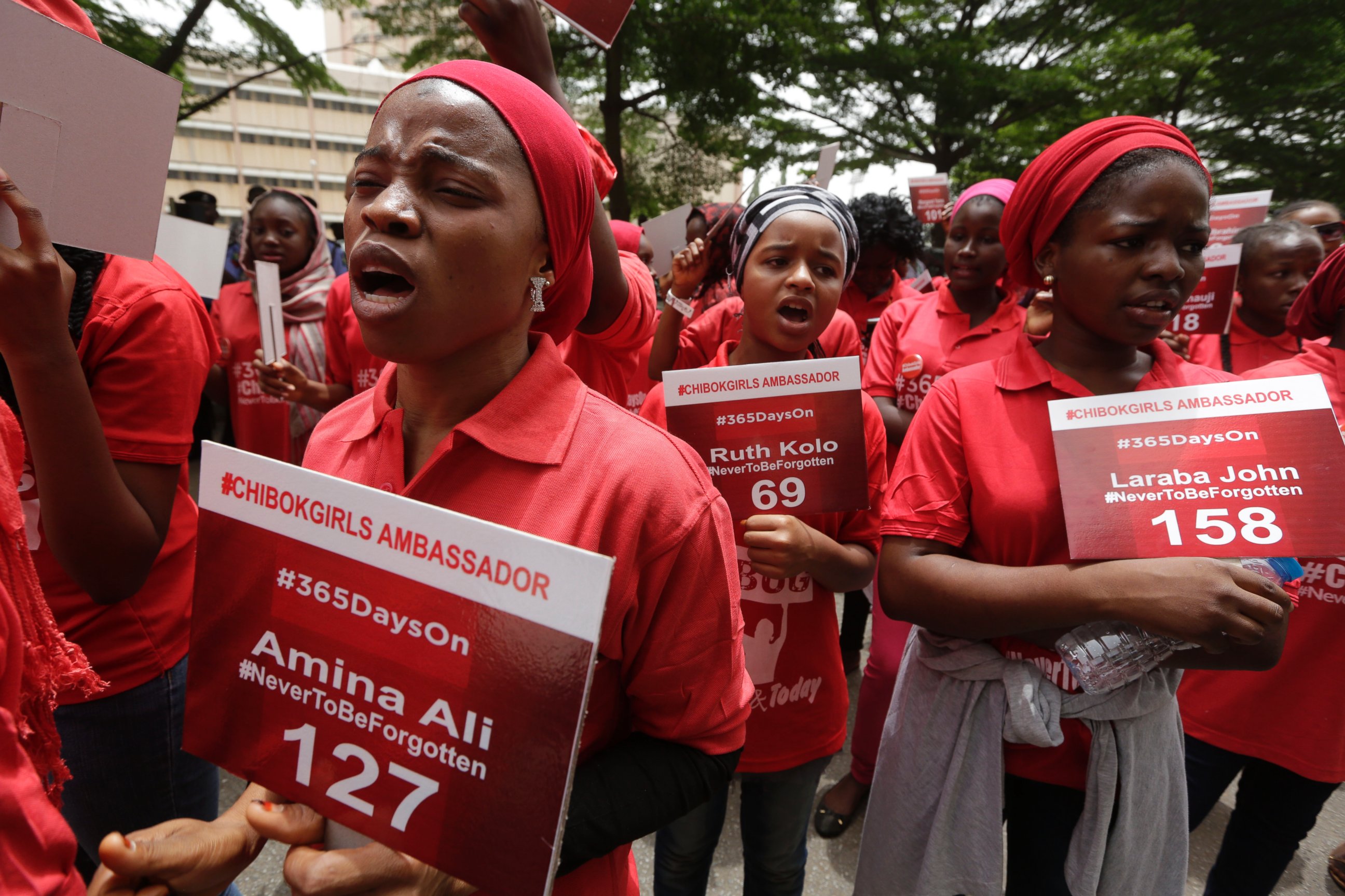 PHOTO:In this file photo, Young girls known as Chibok Ambassadors, carry signs bearing the names of the girls kidnapped from the government secondary school in Chibok during a demonstration, in Abuja, Nigeria, April 14, 2015.   