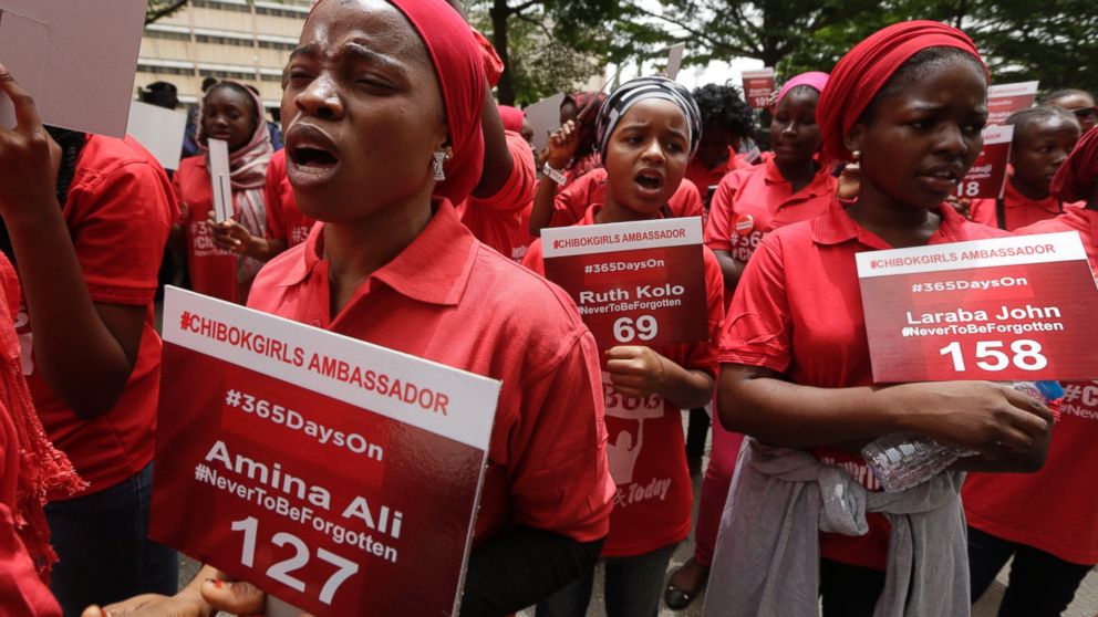 PHOTO:In this file photo, Young girls known as Chibok Ambassadors, carry signs bearing the names of the girls kidnapped from the government secondary school in Chibok during a demonstration, in Abuja, Nigeria, April 14, 2015.   