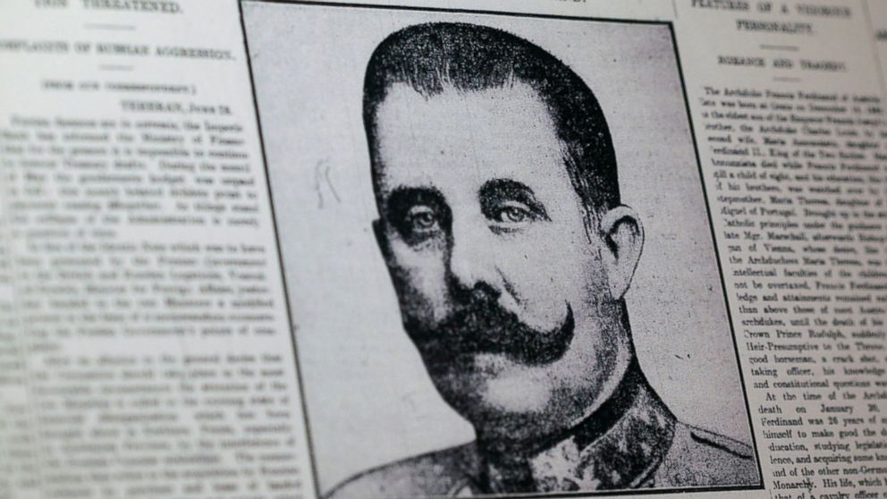 PHOTO: This April 4, 2014 photo shows a reproduction of a London newspaper front page from 1914, which writes about the assassination of Archduke Franz Ferdinand, on display at the National World War I Museum in Kansas City, Mo.